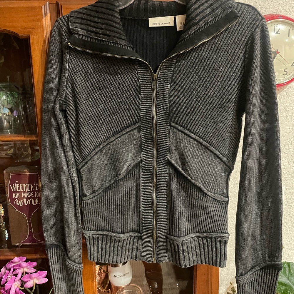 DKNY Jeans Black Ribbed Zip Cardigan